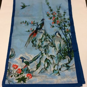 15 x 44 Flying Fancy Birds Blue Hand Rolled Sewn Edges Flowers Waterfall Scarf / Table Runner image 3