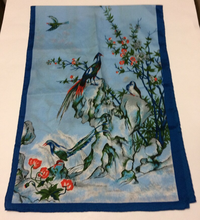 15 x 44 Flying Fancy Birds Blue Hand Rolled Sewn Edges Flowers Waterfall Scarf / Table Runner image 3