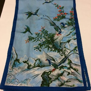 15 x 44 Flying Fancy Birds Blue Hand Rolled Sewn Edges Flowers Waterfall Scarf / Table Runner image 4