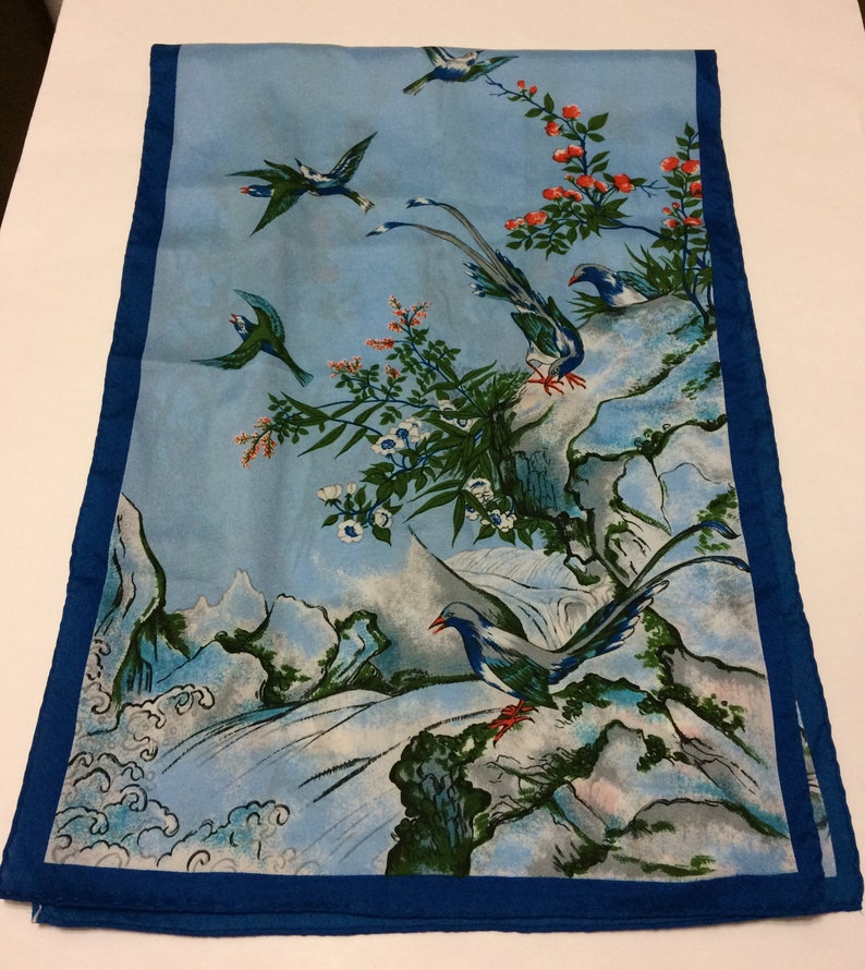 15 x 44 Flying Fancy Birds Blue Hand Rolled Sewn Edges Flowers Waterfall Scarf / Table Runner image 4