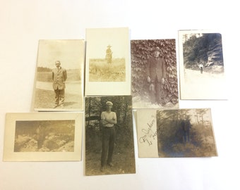 7 Men Real Photo Postcards Vintage RPPC Outdoors Fishing Sailor Fedora Cowboy Hat