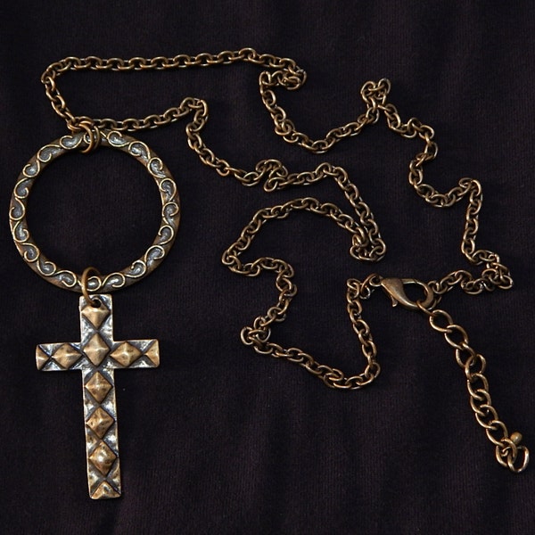 1 1/2" x 2 1/2" Brasstone Metal Cross on 35" Brasstone Metal Chain Necklace