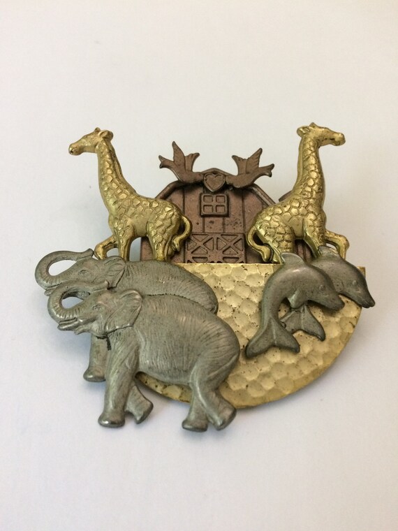 2.5" x 2.5" Noah's Ark Pin Brooch 3 Tone Metals D… - image 1