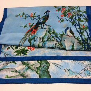 15 x 44 Flying Fancy Birds Blue Hand Rolled Sewn Edges Flowers Waterfall Scarf / Table Runner image 1