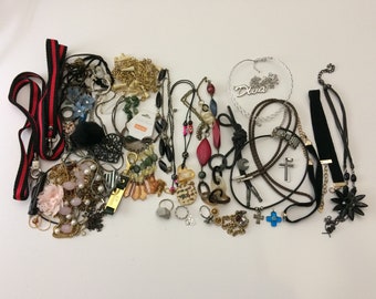 Lot #41 Costume Jewelry Goth Religious Crosses Bolo Tie Chokers Lanyards Defects