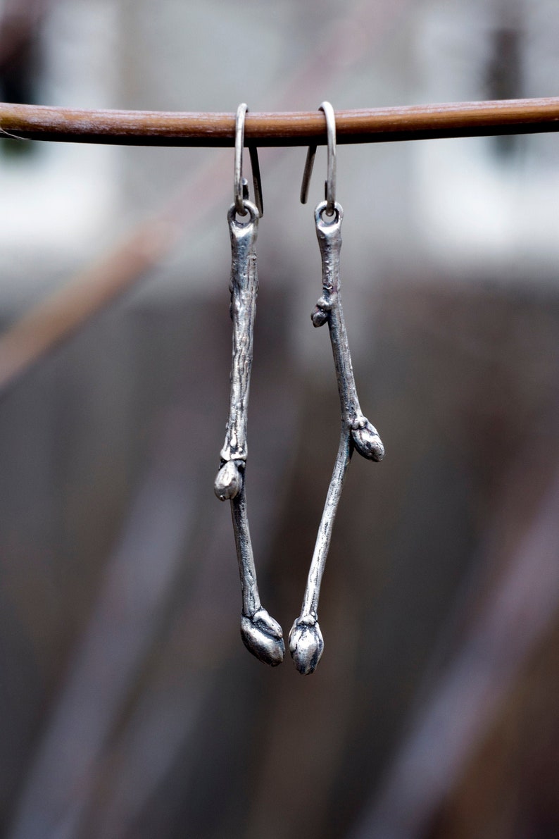 Silver twig earrings. Long branch earrings. Real tree branches Etsy