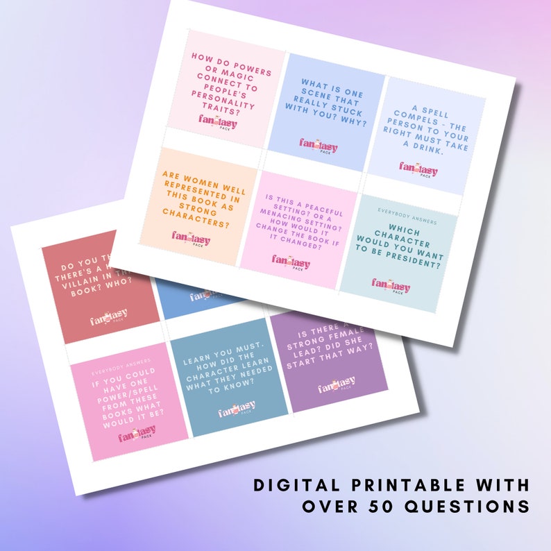 May include: Digital printable with over 50 fantasy-themed questions. The questions are on colorful square cards with the "fantasy pack" logo. The cards are arranged on a white background with a purple gradient.