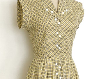 40s 50s plaid slant button cotton shirt dress • 1940s 1950s vintage dress