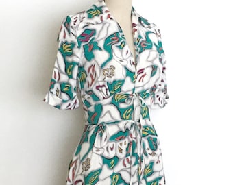 40s graphic print zip front cold rayon dressing gown • 1940s vintage dress • xsmall small