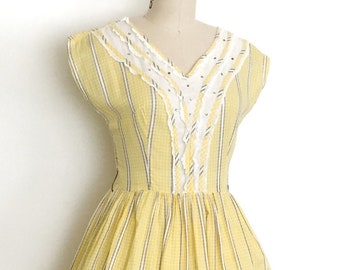 vintage 1950s dress • checkered gingham stripe fit flare cotton day dress • 50s vintage dress • 27” 28” waist