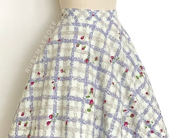 50s rose print plaid cotton skirt • 1950s vintage skirt • small