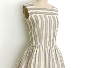 vintage 1950s dress • neutral stripe sheer cotton sleeveless day dress • 50s vintage dress • 31” waist