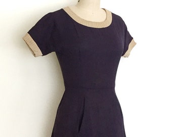 1950s dress • linen and knit fit flare dress + pockets • 50s vintage dress • 25” waist