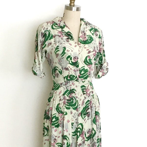 40s dancer city novelty print rayon dress • 1940s vintage dress • small