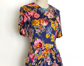 vintage 1940s dress • vivid floral printed rayon jersey draped dress • 40s vintage dress • 30” waist