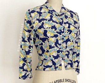 40s flower cart novelty printed rayon top • 1940s vintage blouse • small