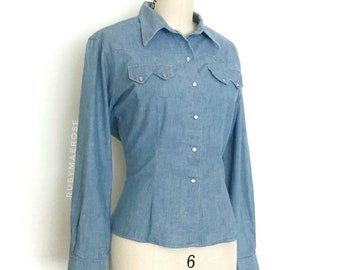 60s 70s chambray western shirt • 1960s 1970s vintage shirt • medium