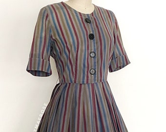 50s striped cotton button dress • 1950s vintage dress • medium