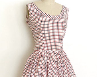 50s grid print cotton day dress • 1950s vintage dress • medium