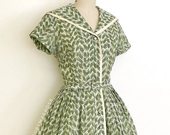 vintage 1950s dress • herringbone print fit flare shirt dress + belt • 50s vintage dress • 28” waist