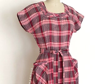 40s 50s plaid Swirl cotton wrap dress • 1940s 1950s vintage dress • small medium