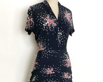40s floral draped rayon dress • 1940s vintage dress • medium