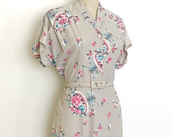 40s floral bow bouquet print rayon shirt dress • 1940s vintage dress • large