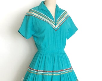 vintage 1950s dress • turquoise cotton gauze western patio dress • small s medium m • 50s vintage dress