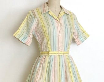 vintage 1950s 1960s dress • pastel striped fit and flare cotton mid century shirt dress • 50s 60s vintage dress • 27” waist