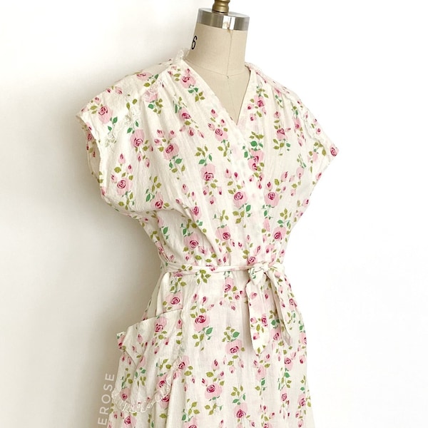 40s rose print seersucker wrap dress • 1940s vintage dress • medium large