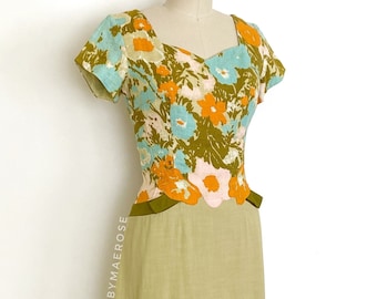 60s Mad Men floral linen day dress • 1960s vintage dress • small medium