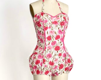 40s 50s floral cotton playsuit • 1940s 1950s vintage swimsuit • small