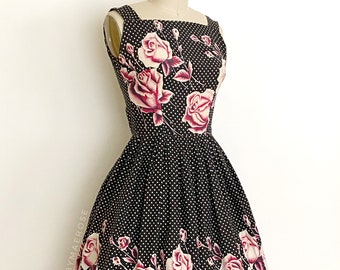 vintage 1950s dress • celestial star rose border print cotton sun dress • 50s vintage dress • 24” waist