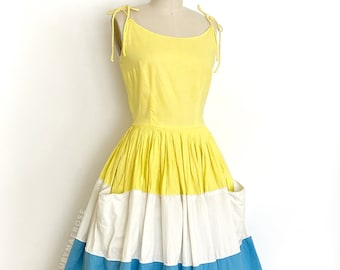 vintage 1950s dress • colour block tie straps cotton summer sun dress with pockets • 50s vintage dress • 25” waist