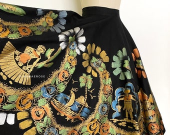 vintage 1950s skirt • Mexican hand painted metallic novelty border print circle skirt • 50s vintage skirt • 29” waist