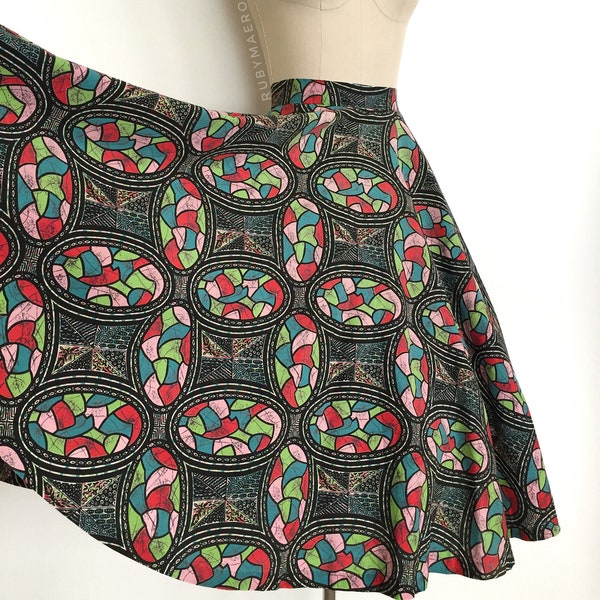 vintage 1950s skirt • stained glass mosaic novelty printed cotton circle skirt • 50s vintage skirt • 25” waist