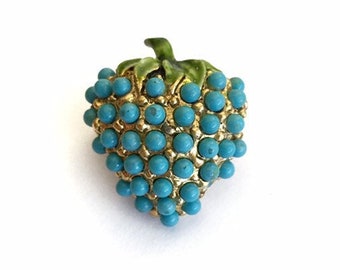 vintage 1950s brooch • novelty blue raspberry fruit berry beaded enamel brooch • 50s vintage pin