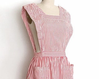 vintage 1950s jumper dress • striped pinafore seersucker uniform dress • 50s vintage pinafore • 26” 27” 28” waist