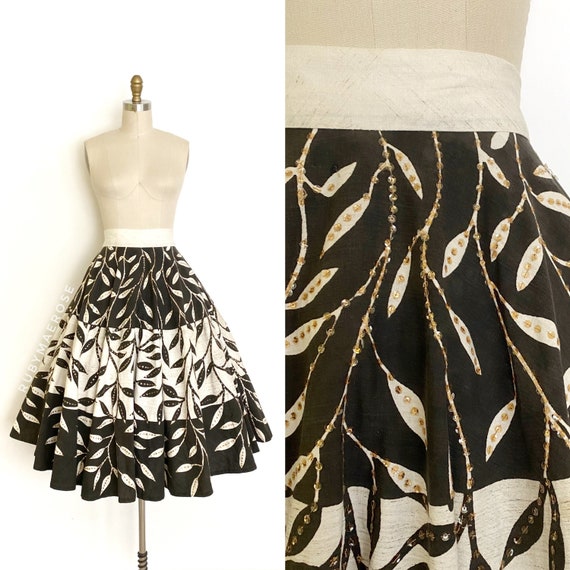 50s hand painted leaf Mexican cotton circle skirt… - image 2