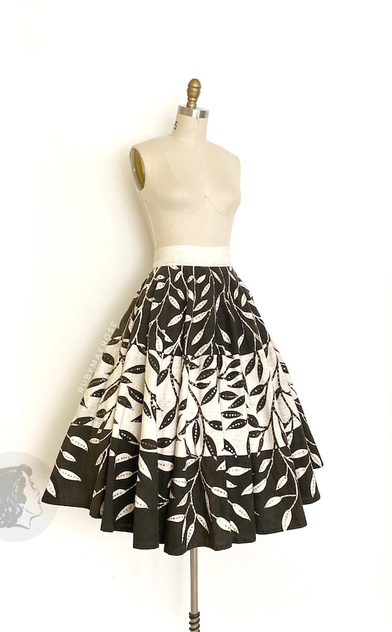 50s hand painted leaf Mexican cotton circle skirt… - image 6