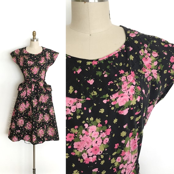 vintage 1940s dress | 40s black floral print cotto