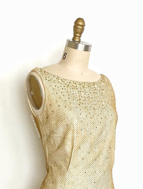 vintage 1960s dress • metallic fishnet net beaded… - image 3
