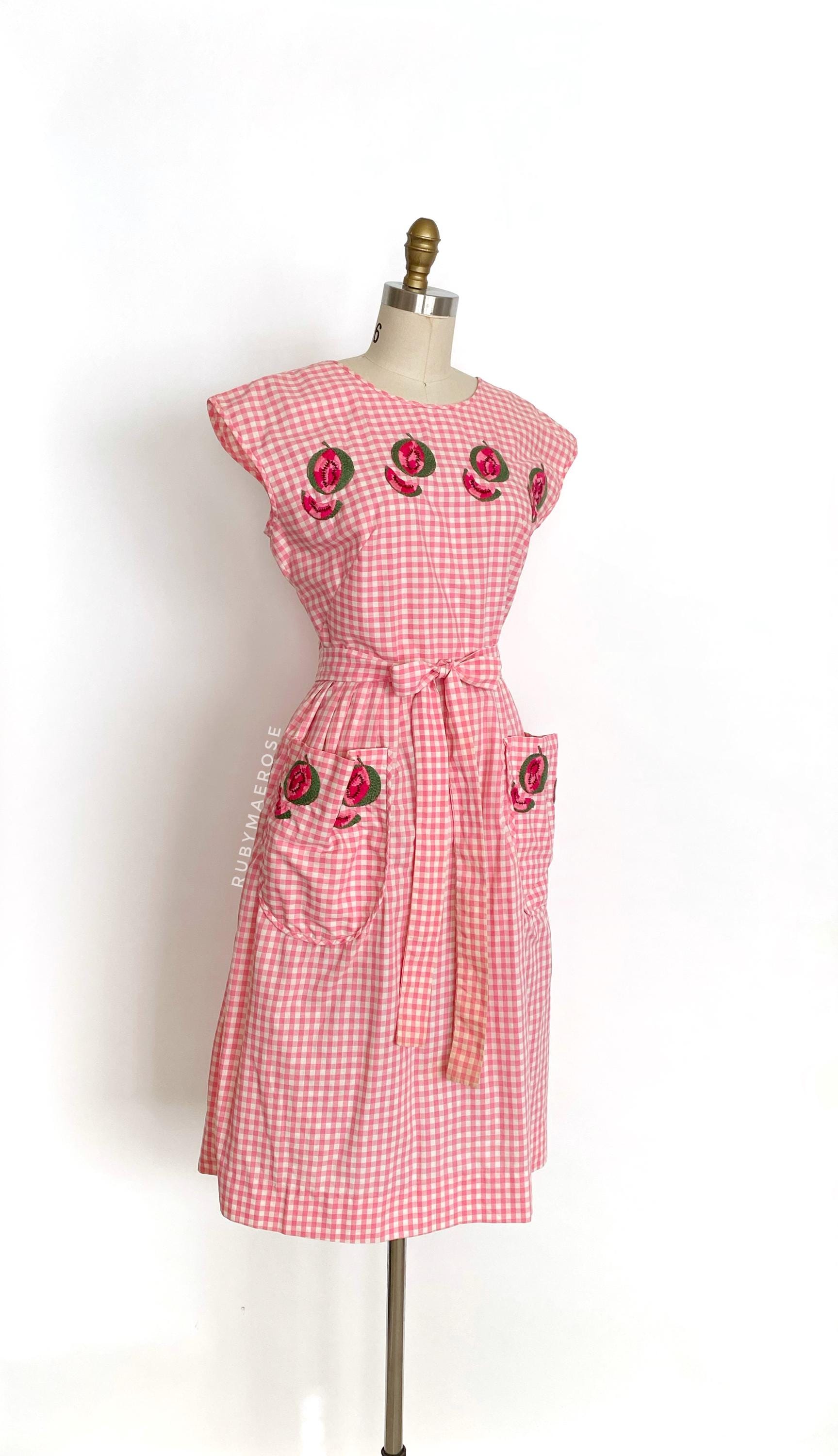 50s watermelon gingham Swirl wrap dress + pockets • 1950s vintage dress