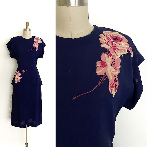 vintage 1940s dress | 40s rose floral appliqué pep