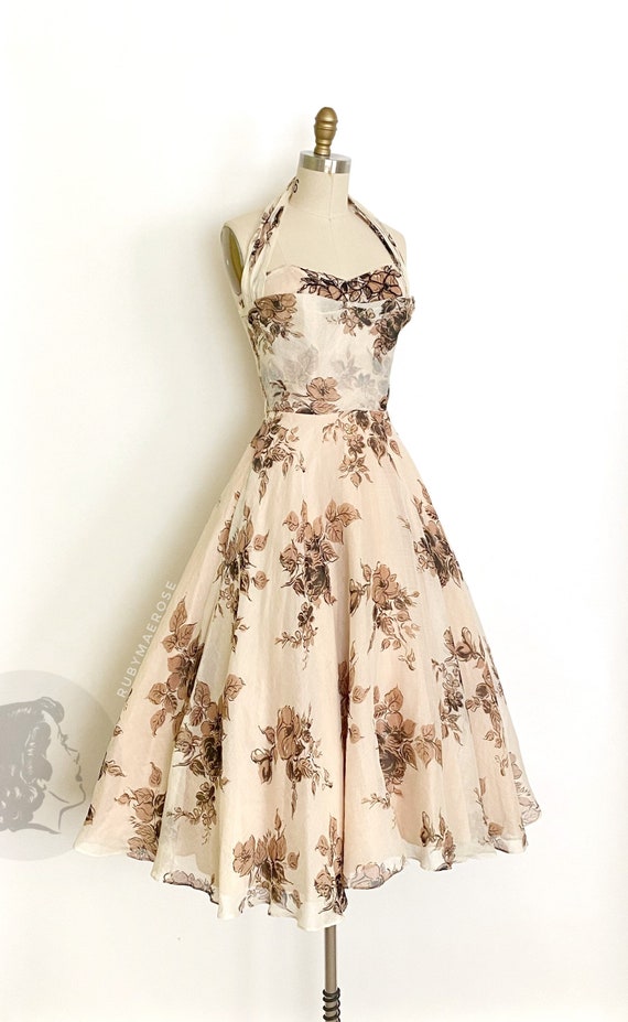 vintage 1950s dress • floral printed chiffon halte