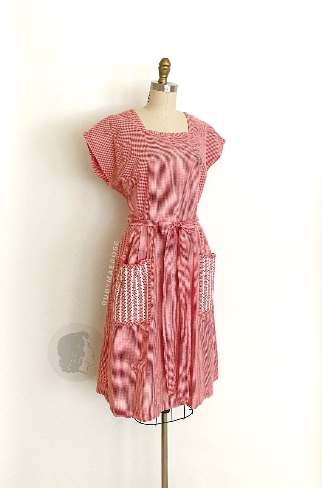 1950s Dress Gingham Ric Rac Cotton Swirl Wrap Dress 50s Vintage Swirl