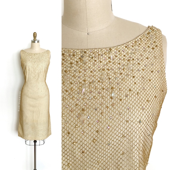 vintage 1960s dress • metallic fishnet net beaded… - image 2
