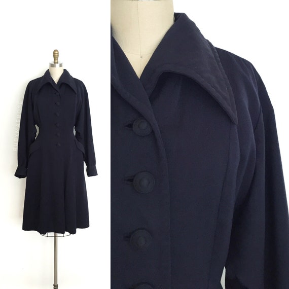 vintage 1940s coat | 40s navy wool gabardine light