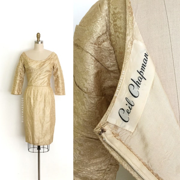 vintage 1950s Ceil Chapman dress • designer draped brocade cocktail evening formal dress • 50s designer dress • 28” waist