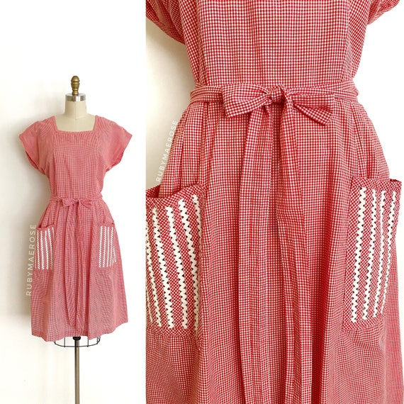 1950s dress • gingham ric rac cotton Swirl wrap d… - image 2